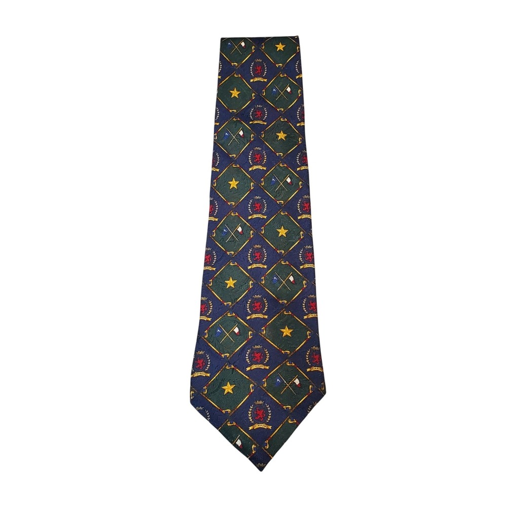 VTG Tommy Hilfiger Silk Tie 90s Crest Flag Star Golf Navy Green Preppy Academic